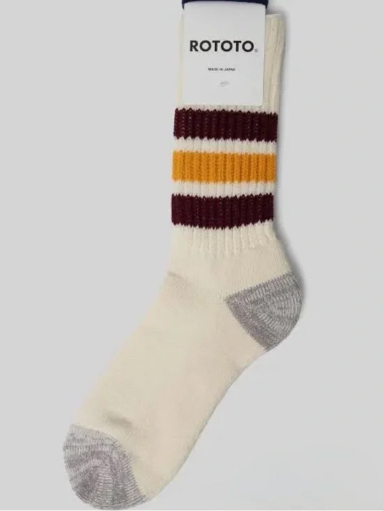 RoToTo Retro Coarse Ribbed Old School Crew Socks in Gold & Bourdeaux NWT - Picture 4 of 12